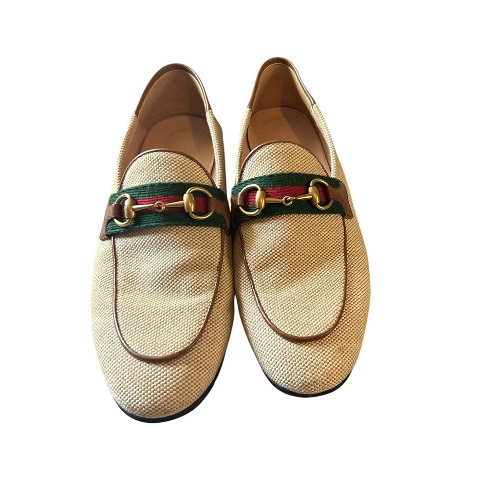 Gucci Cream Canvas Horsebit Loafers with Green & Red Web